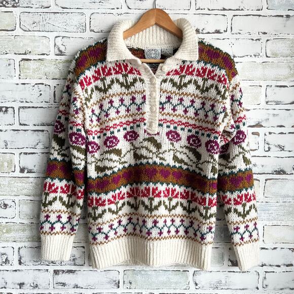 Vintage Henley Style Floral Wool Knit Sweater Size Woman’s Small 17x27 - Picture 1 of 7